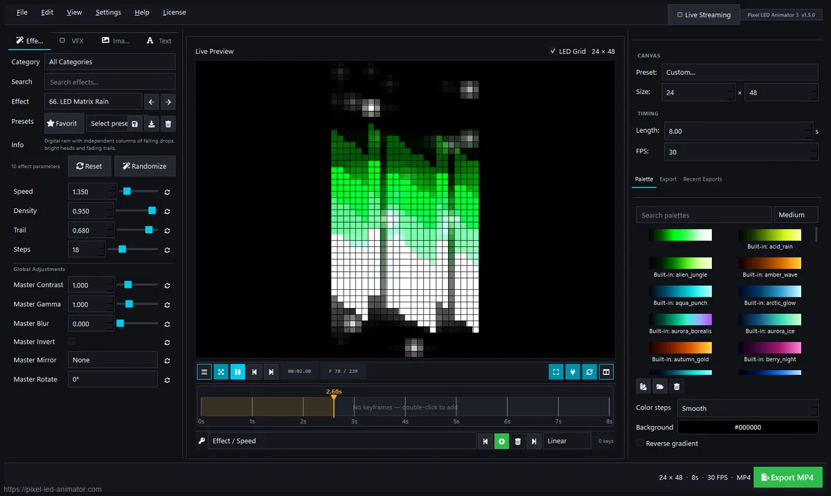 Matrix rain effect with live parameters in Pixel LED Animator 3 preview
