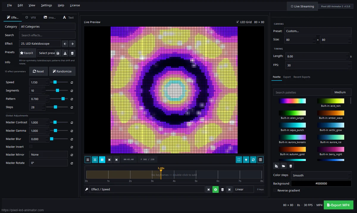 Neon kaleidoscope effect generated in Pixel LED Animator 3