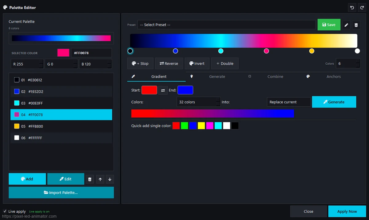 Keyframed palette with a cyan-pink-gold gradient in Pixel LED Animator 3