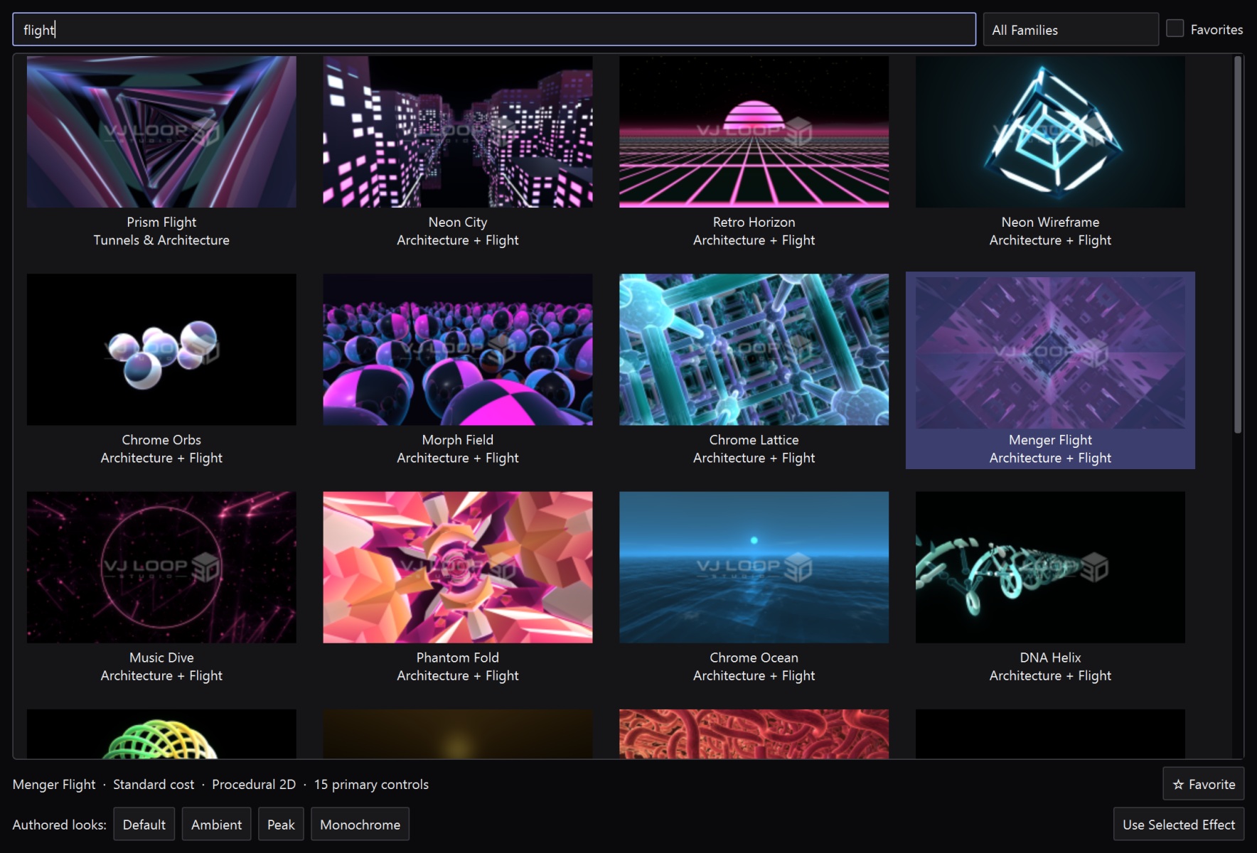VJ Loop Studio 3D effect browser - choose a starting point from 85 generators