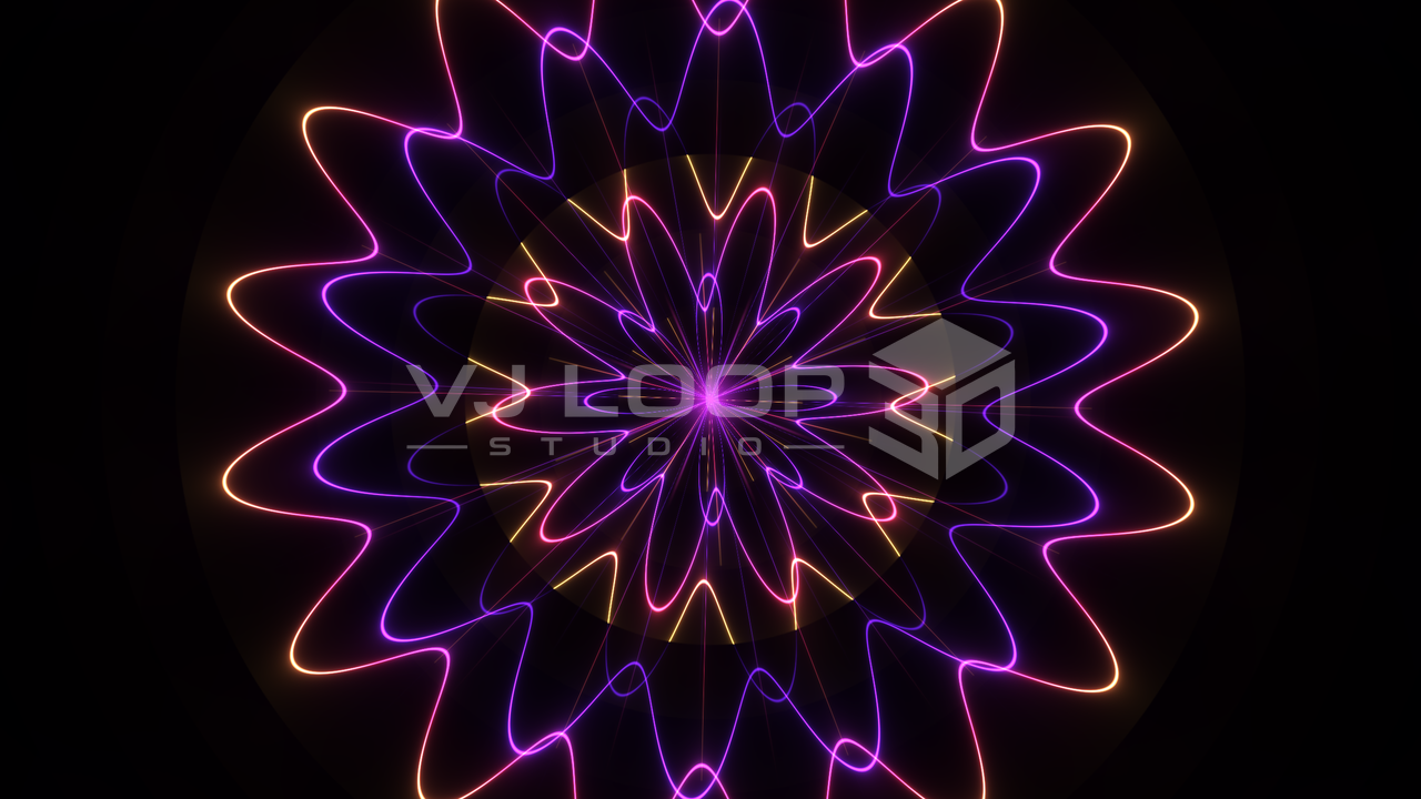 Neon mandala rendered live by the VJ Loop Studio 3D engine