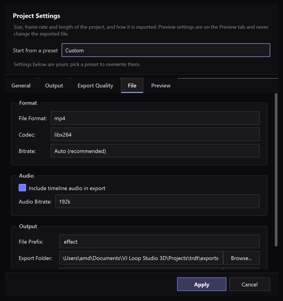VJ Loop Studio 3D project settings - render and deliver via Spout or NDI
