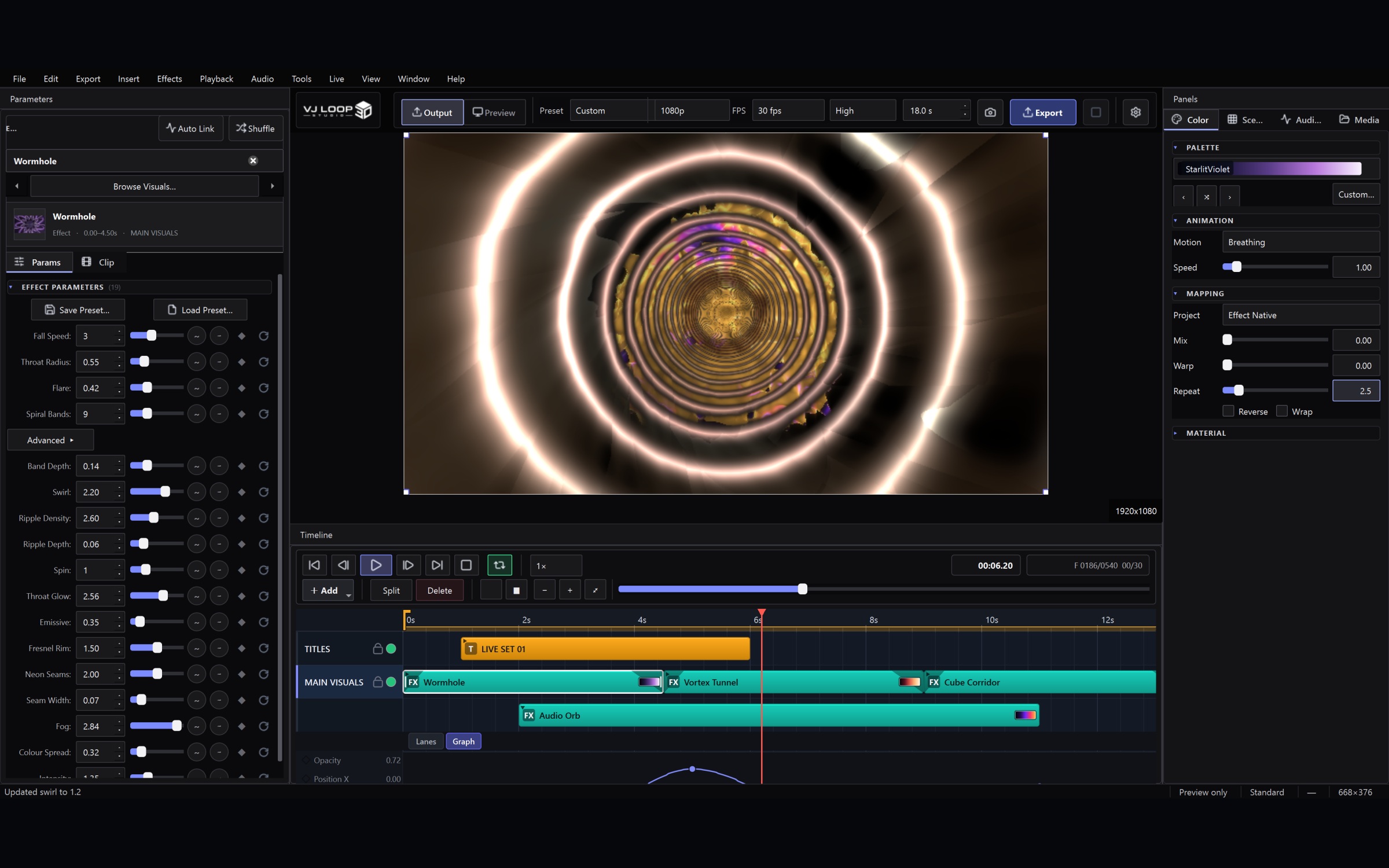 VJ Loop Studio 3D timeline composition - layer clips and blend modes